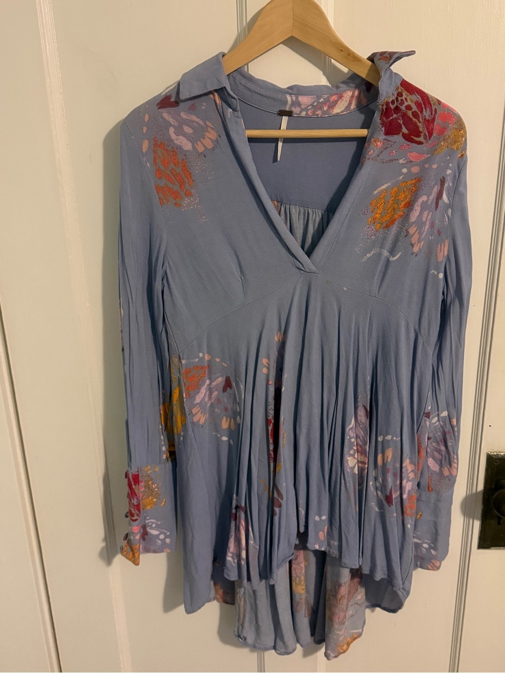 Free People Lavender Butterfly V-Neck Long Sleeve Tunic